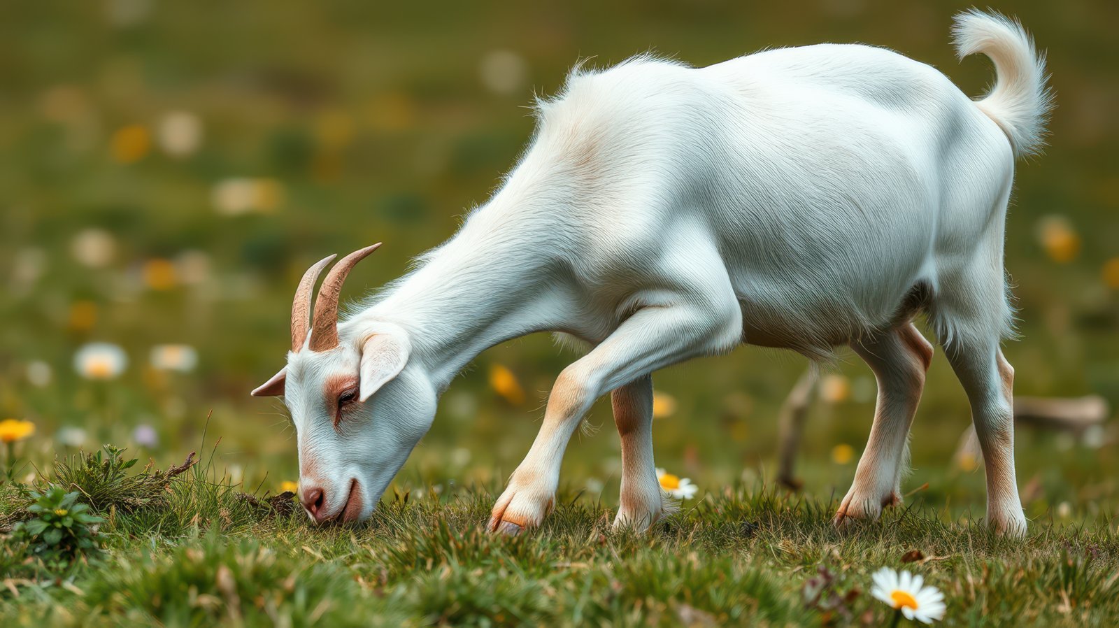 Goat grazing on lush green grass surrounded by wildflowers in a sunny meadow during springtime